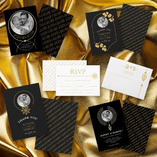 Goud lijst met blad en foto wit bruiloft folie uitnodiging