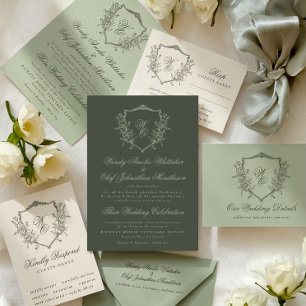  Bloemenkam Olijfgroen Monogram Huwelijk RSVP Kaartje