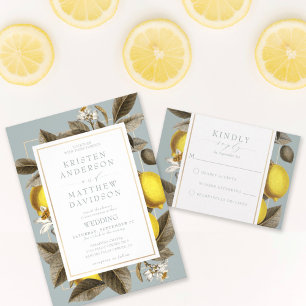 Botanische Lemon Leaves Wedding Dusty Blue Kaart