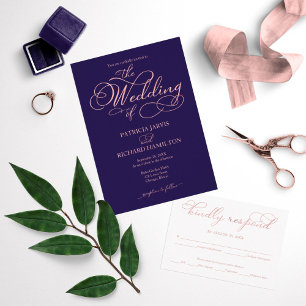 Navy Blue Roos Gold Foil Script Elopement Wedding Kaart