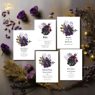 Black Paars Gold Floral Gothic Wedding RSVP Kaartje