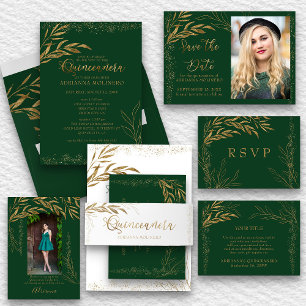 Emerald Green Gold Leaf en Calligraphy Photo Save The Date