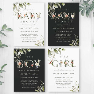 Olive Green Floral Botanical Letter Baby shower Kaart