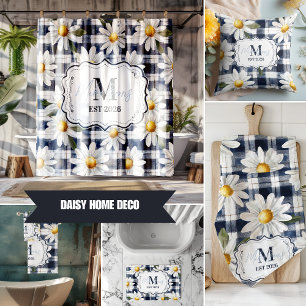Op maat gemaakte Navy Gingham Madeliefjes Monogram Kussen
