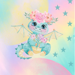 Pastel Cute Blauwgroen Dragon Peony Girl Baby show Kaart