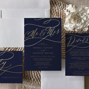 Romantic Gold Foil   Navy Blue Mr. & Mrs Wedding Folie Uitnodiging