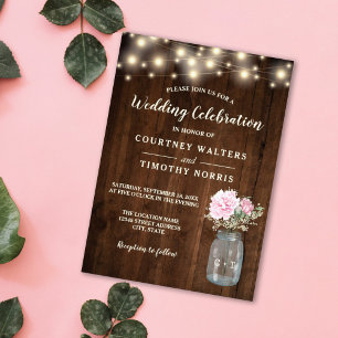 Rustiek Hout Roze Pioen Bloemen Mason Jar   Bruilo Kaart