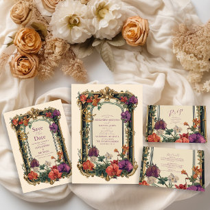 Goud Paarse Vintage Bloemige Trouwdag Save The Date