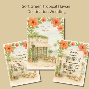 Zacht Groen Tropisch Hawaii Destination Wedding Informatiekaartje