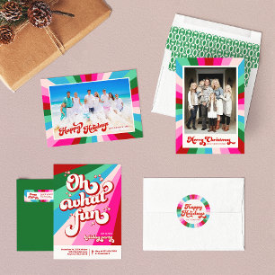 Retro Feestelijke Regenboog Roze Kerstmis Vakantie Ronde Sticker