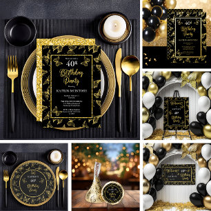 Elegant Butterflies 40e verjaardag Black Gold Folie Uitnodiging