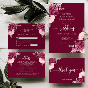 Bourgogne Blush Zilver Bloemen Script Trouwen Bedankkaart