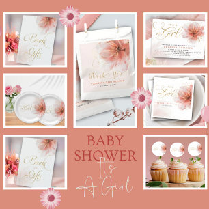 Het is een Meisje Roze Gouden Bloemen Modern Baby  Bedankkaart