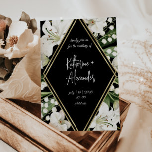 Zwarte trouw bloemige lelie uitnodiging klassieker