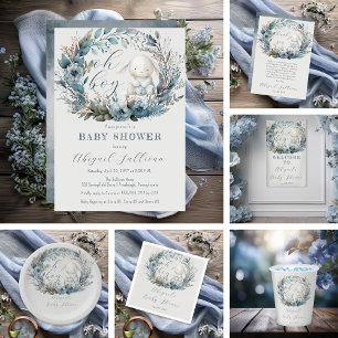 Oh Boy Bunny Rabbit Blue Floral Wreath Baby shower Kaart