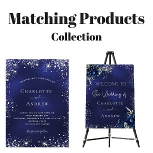 Marine blauw zilveren bloemen script bruiloft uitnodiging briefkaart