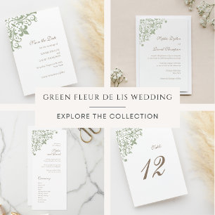 Frans Regency Green Fleur de Lis Pattern Wedding Programmakaart