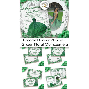 Smaragdgroen zilver glitter bloemenkruistaart save the date