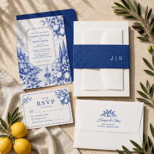 Blauw Italiaans Kust Toile Trouwfeest Kaart