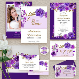 Paarse Roos en bladgoud Quinceanera Foto Save The Date