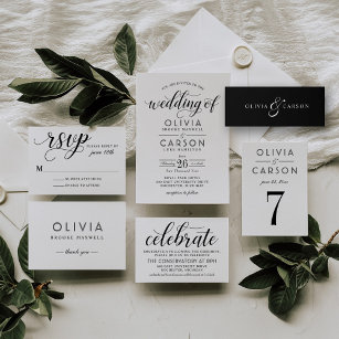 Modern Elegant Zwart Wit Custom Monogram Bruiloft Uitnodigingen Wikkel