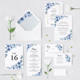 elegant lijst blue floral bruiloft kaart