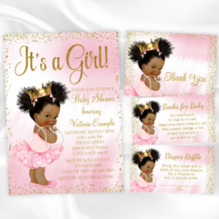 Pink Gold African American Princess Baby shower Kaart