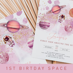 Outer Space Pink Planets Girl First Birthday Kaart