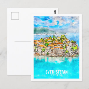 Sveti Stefan Montenegro Travel Waterverf Sketch Briefkaart