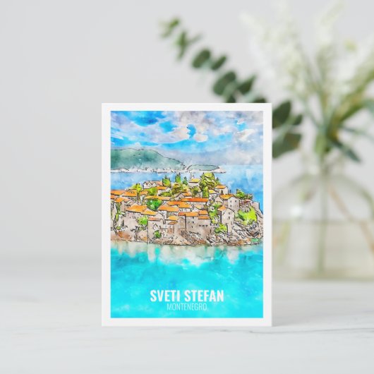 Sveti Stefan Montenegro Travel Waterverf Sketch Briefkaart (Staand voorkant)