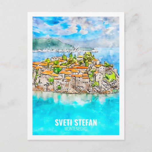 Sveti Stefan Montenegro Travel Waterverf Sketch Briefkaart (Voorkant)