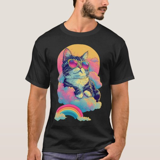 Swag Cat Retro Chill Cat met Regenboog Aura T-shirt (Voorkant)