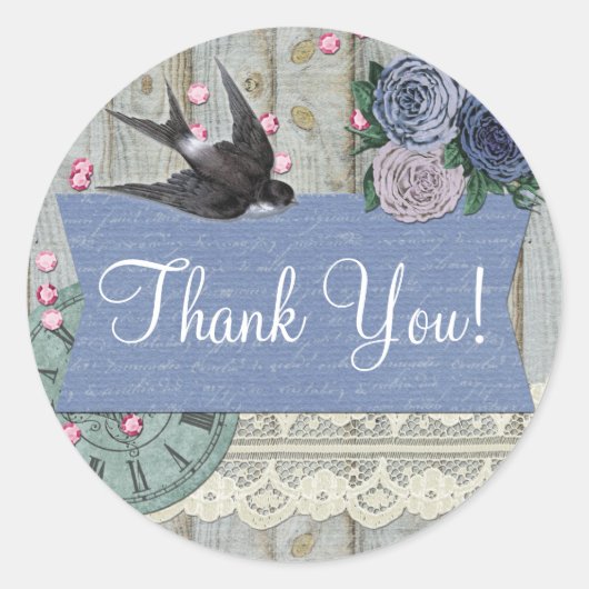  Swallow Bird Cobalt Blue Shabby Dank je wel Ronde Sticker (Voorkant)