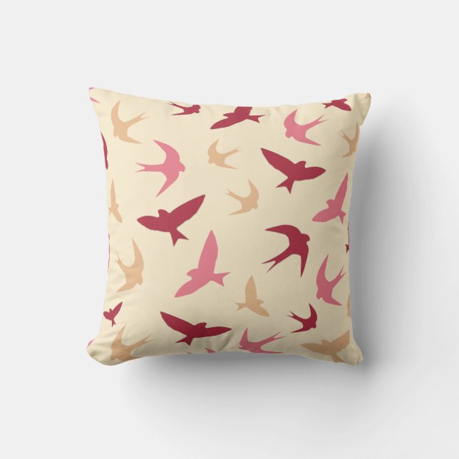  Swallow Birds Pattern Cream Rood Roze Kussen (Voorkant)