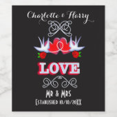 Swallows Love Hearts Red Roses gepersonaliseerd Wijn Etiket (Enkel label)