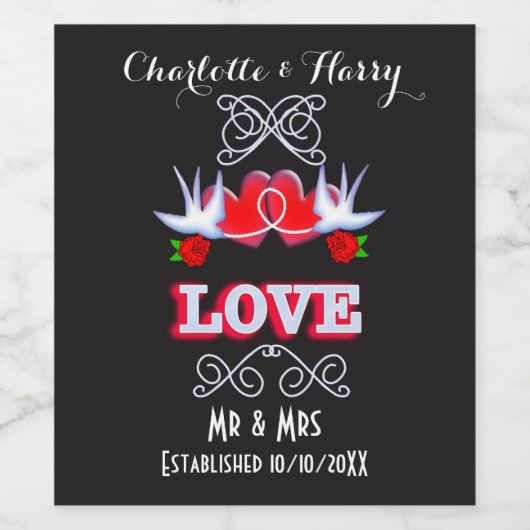 Swallows Love Hearts Red Roses gepersonaliseerd Wijn Etiket (Enkel label)