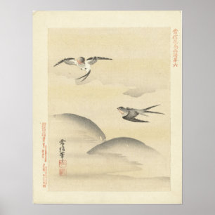 Swallows op de Wing, Antiek Japans schilderen Poster