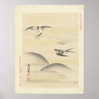 Swallows op de Wing, Antiek Japans schilderen Poster