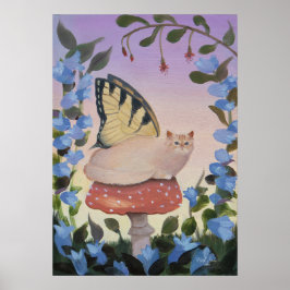 Swallowtail Butterfly Cat on Mushroom Wall Art Poster