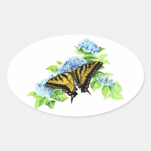 Swallowtail Butterfly Hydrangea Bloem Ovale Sticker (Voorkant)