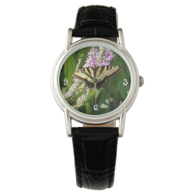 Swallowtail Butterfly op Paarse wilde bloemen Horloge (Voorkant)