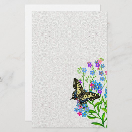 Swallowtail Butterfly over vergeet me Nots Briefpa Briefpapier (Voorkant / Achterkant)