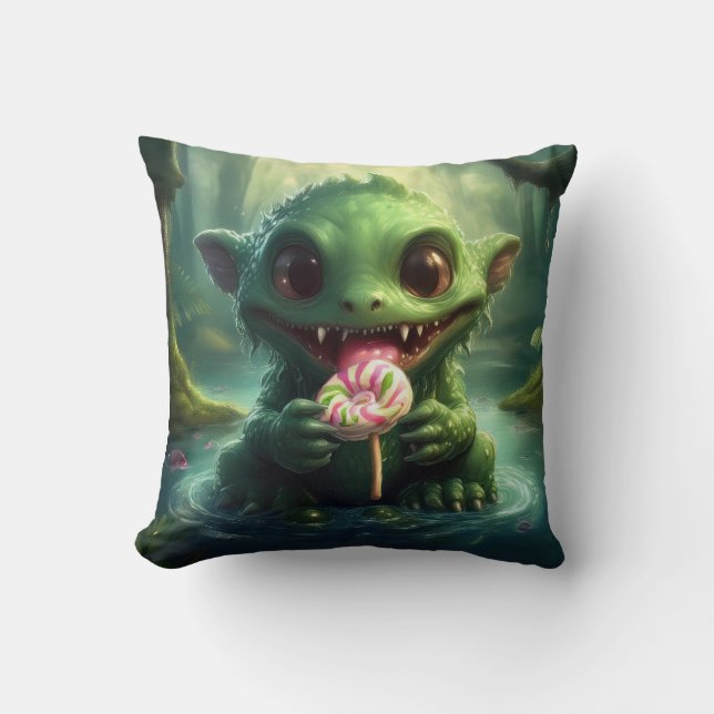 Swamp Monster Eten Snoep Kussen (Voorkant)