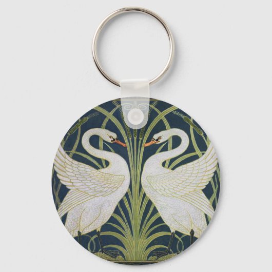 Swan Art Nouveau Swirl Bird White Sleutelhanger (Voorkant)