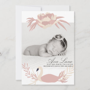 Swan Baby Girl Floral Pink Aangepaste foto Aankondiging