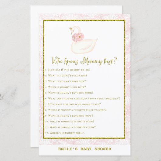 Swan Baby shower Game PRINED (Voorkant / Achterkant)