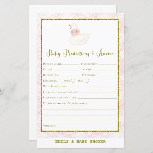 Swan Baby shower Game PRINED (Voorkant / Achterkant)