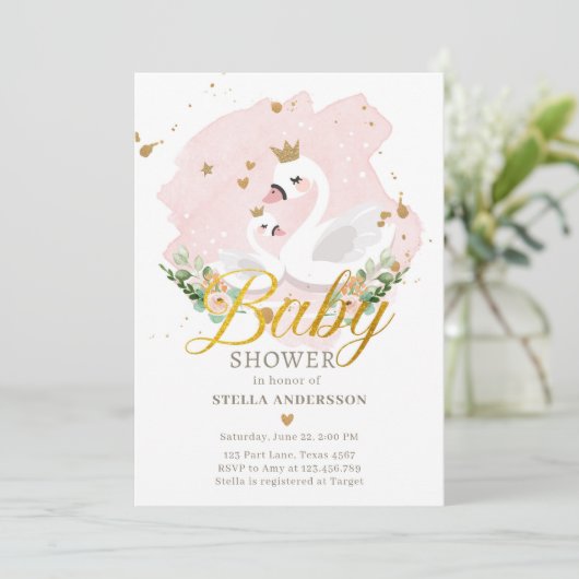 Swan Baby shower Invite Girl Princess Pink Gold Kaart (Staand voorkant)