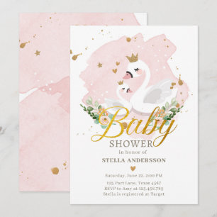 Swan Baby shower Invite Girl Princess Pink Gold Kaart