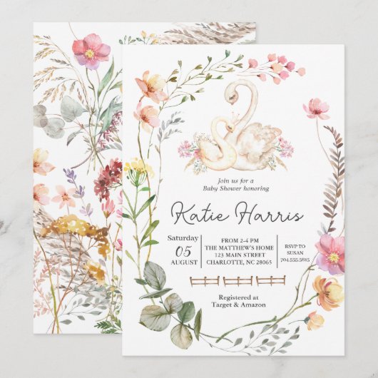 Swan Baby shower Uitnodiging Swan (Voorkant / Achterkant)